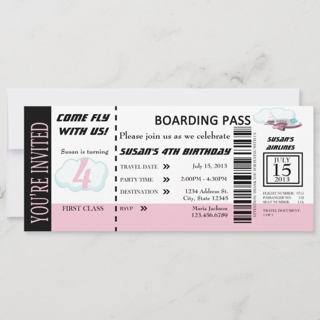 Invitation de billet de vol pour fille d'anniversa (Devant)