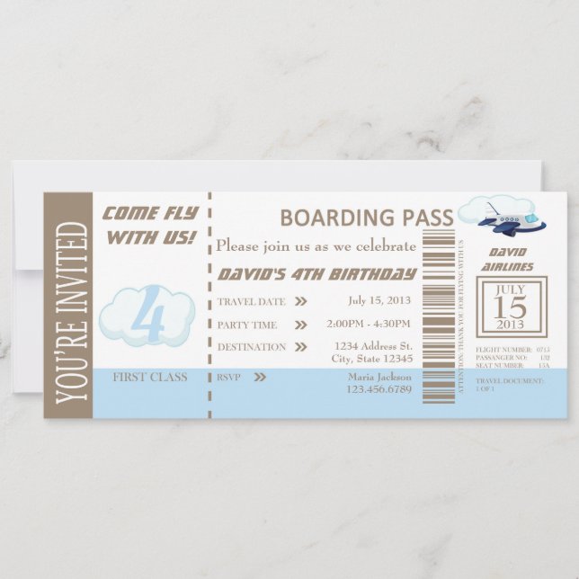 Invitation de billet de vol pour les garçons d'ann (Devant)