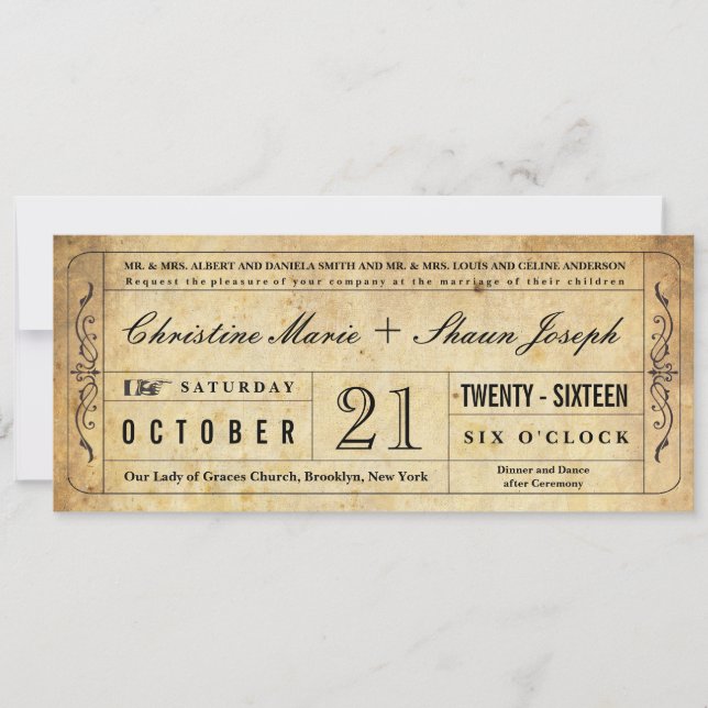 Invitation de billet Mariage de style vintage (Devant)