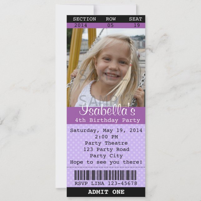 Invitation de billet (Violet) Photo -Théâtre/Ciném (Devant)