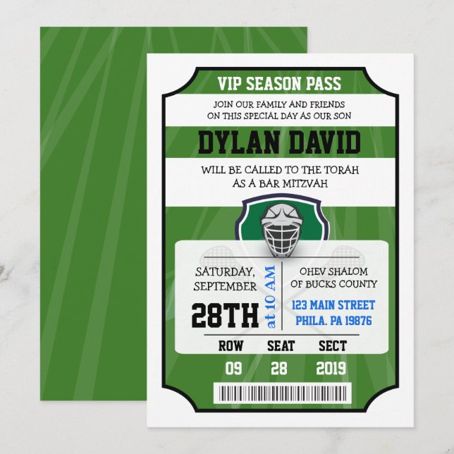 Invitation de billet VIP LACROSSE Bar Mitzvah (Devant / Derrière)