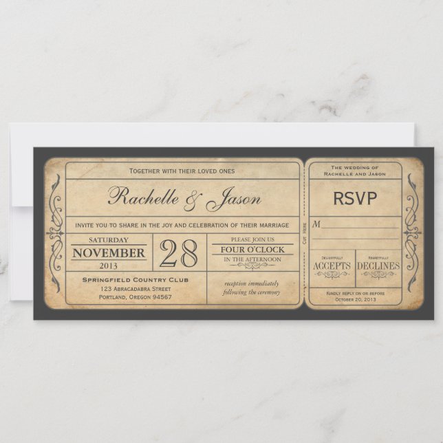 Invitation de billets de mariage vintage avec RSVP (Devant)