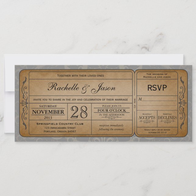 Invitation de billets de mariage vintage avec RSVP (Devant)