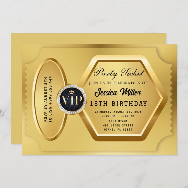 Invitation de billets Golden Party (Devant / Derrière)