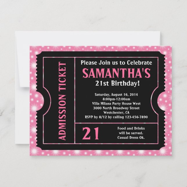 Invitation de billets rose et noir, tout âge (Devant)