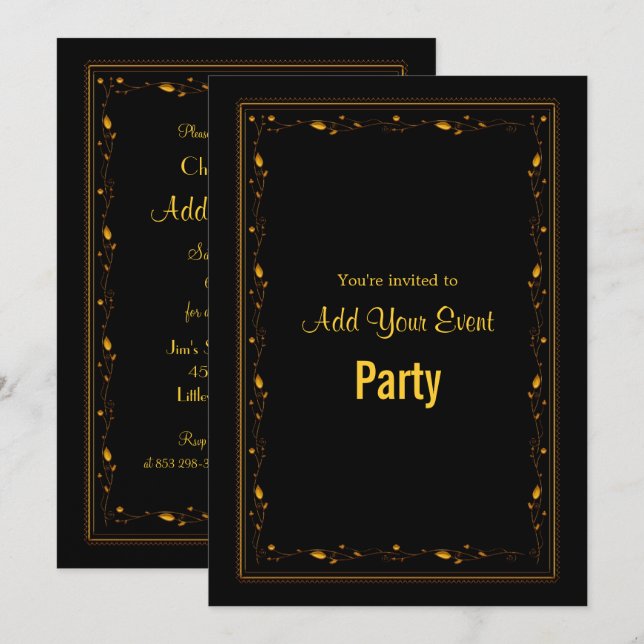 Invitation de Black and Gold Ornate Frame Party (Devant / Derrière)