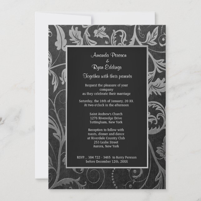 Invitation de Black and Silver Mariage damassé (Devant)