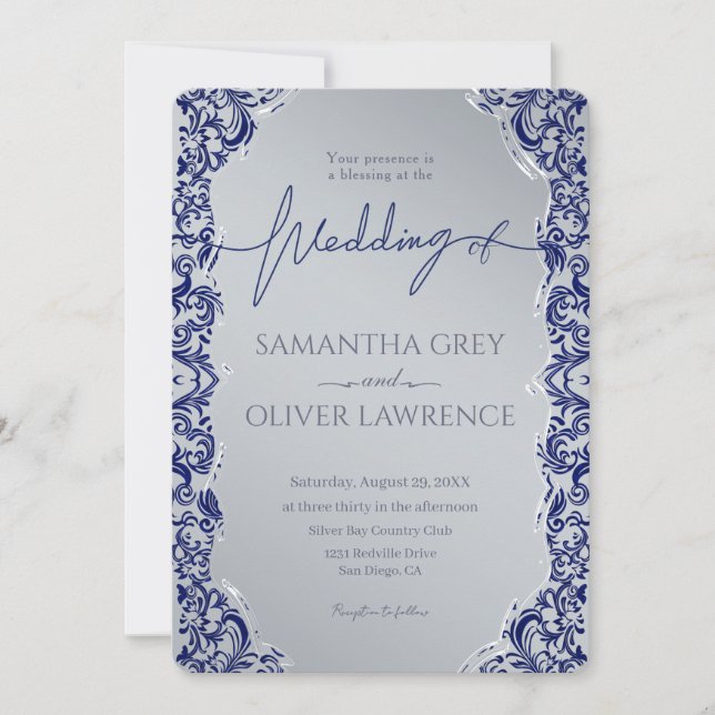 Invitation de Blue and Silver Mariage damassé (Devant)