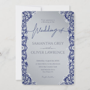 Invitation de Blue and Silver Mariage damassé