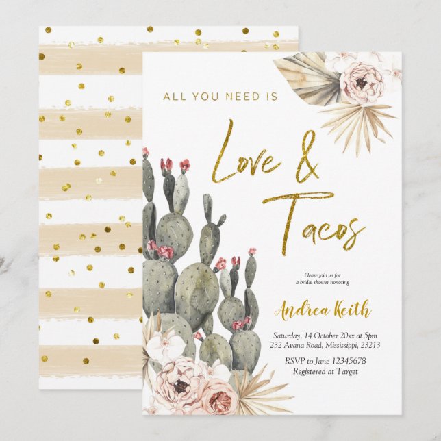 Invitation de Boho Cactus Love and Tacos Fête des  (Devant / Derrière)