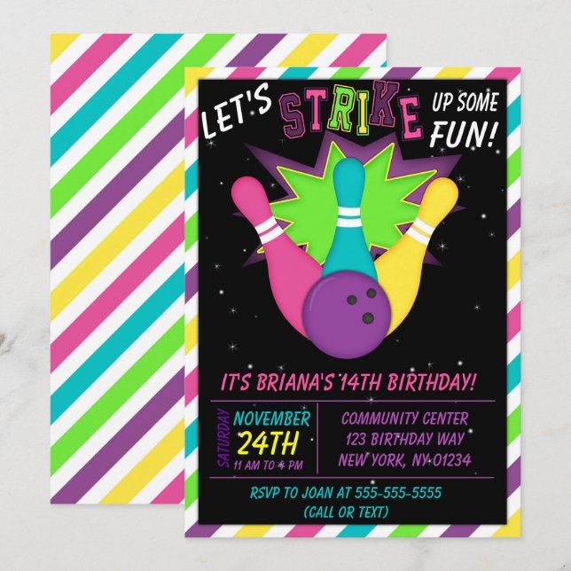 Invitation de Bowling Cosmique Filles Anniversaire (Devant / Derrière)