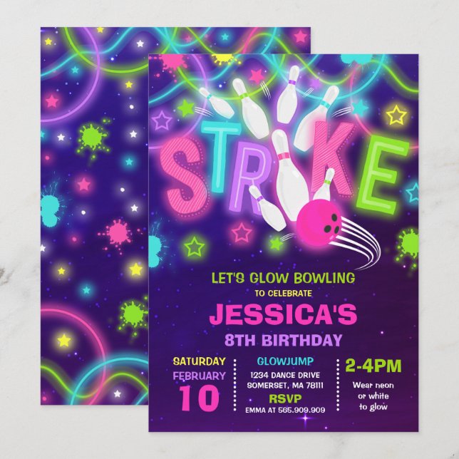 Invitation de bowling Neon Bowling Anniversaire (Devant / Derrière)