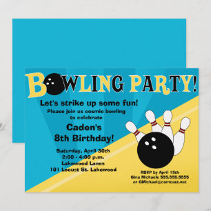 Invitation de Bowling Party - bleu et jaune