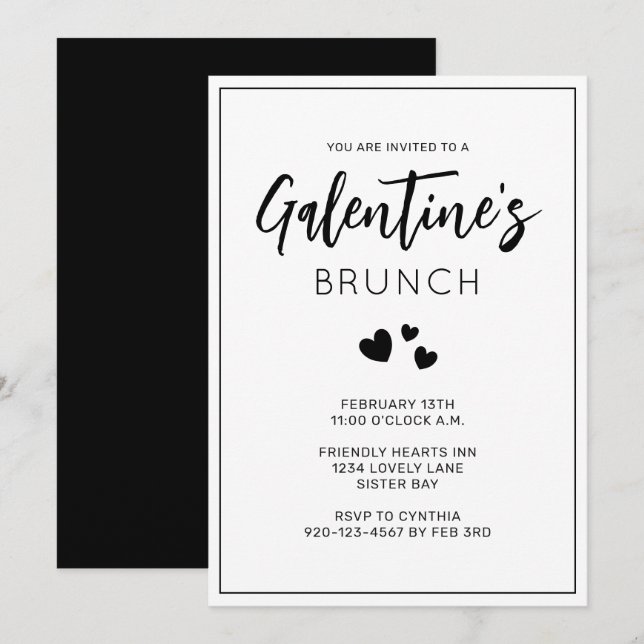 Invitation de Brunch de la Saint-Galentin en noir  (Devant / Derrière)