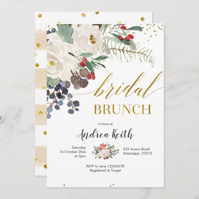 Invitation de Brunch Floral pour Noël d'hiver (Devant / Derrière)