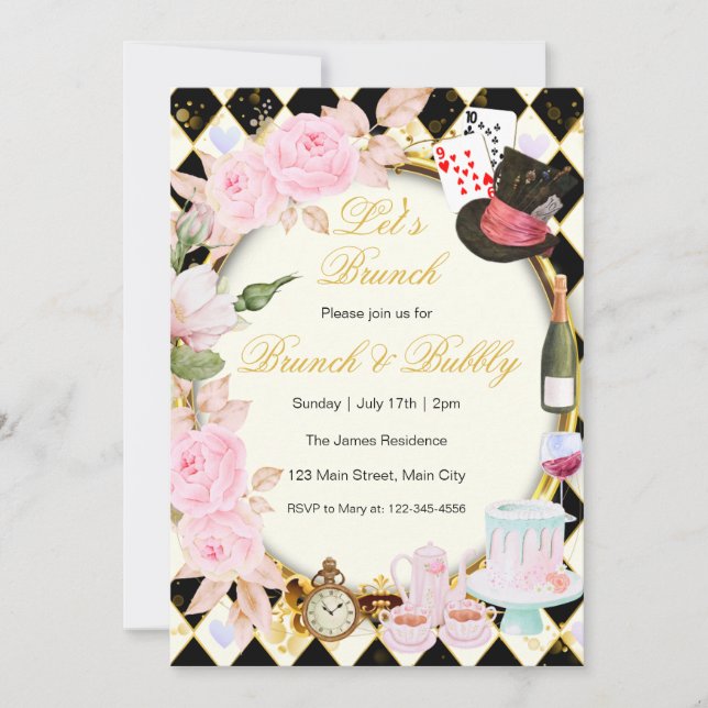 Invitation de brunch floral rose Alice au pays des (Devant)