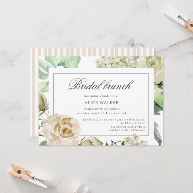Invitation de Brunch nuptial floral de crème print (Devant/Arrière en situation)