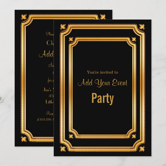 Invitation de Cadre Noir et Doré Élégant (Devant / Derrière)