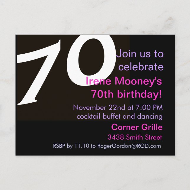 Invitation de carte postale 70e anniversaire 70e s (Devant)