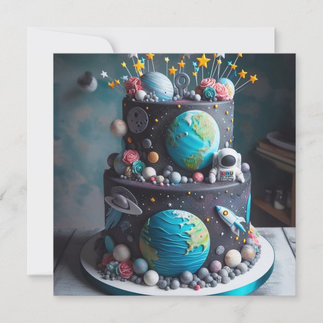 INVITATION DE CE MONDE ANNIVERSAIRE DE ENFANT DE GÂTEAU SPACE (Devant)