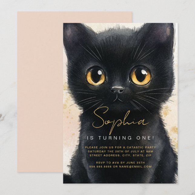 Invitation de Chat Noir Premier Anniversaire (Devant / Derrière)