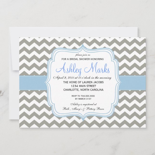 Invitation de Chevron de bleus layette et de gris (Devant)