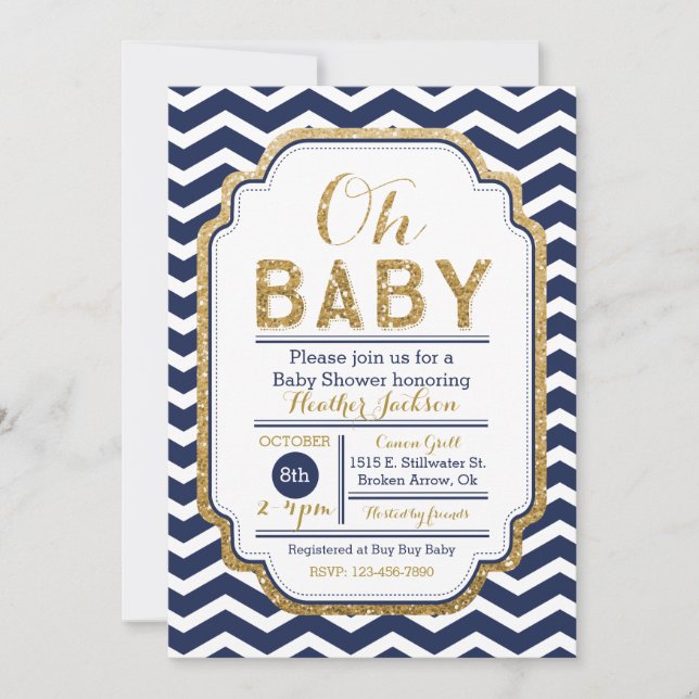 Invitation De Chevron Navy Et De Gold Baby shower (Devant)