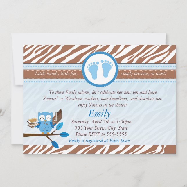 Invitation de choux Baby Shower Bleu Brown Zebra (Devant)