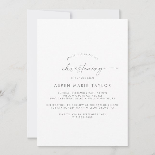 Invitation de Christening Script Silver Moderne (Devant)