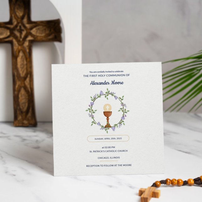 Invitation de communion personnalisé - conception  (First Communion Invite with Floral Wreath )