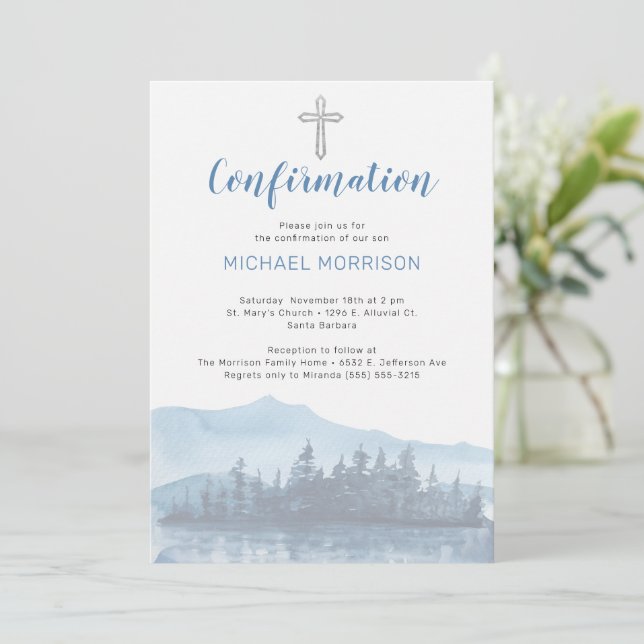 Invitation de confirmation d'aquarelle bleu élégan (Debout devant)