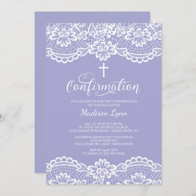 Invitation de confirmation de dentelle Vintage vio (Devant / Derrière)