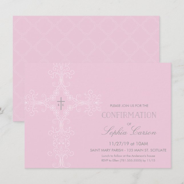 Invitation de confirmation de fille avec croix élé (Devant / Derrière)