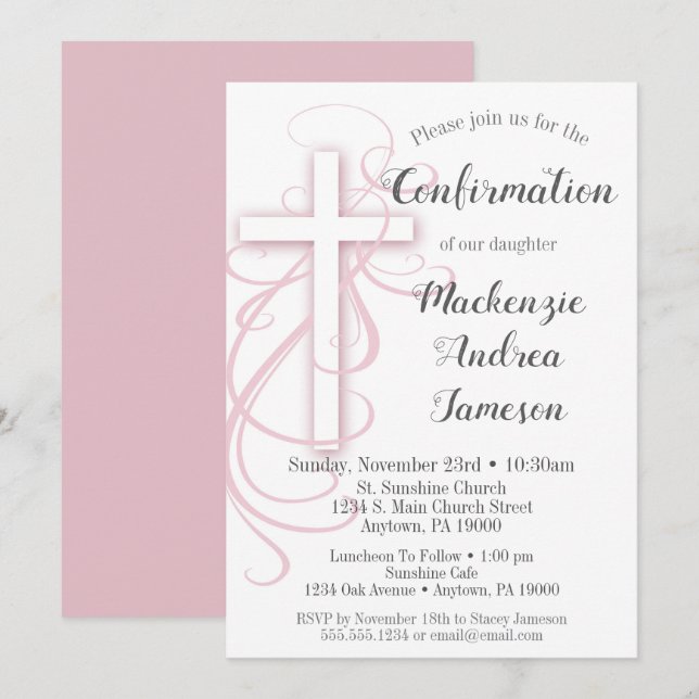 Invitation de confirmation de la croix rose blanch (Devant / Derrière)