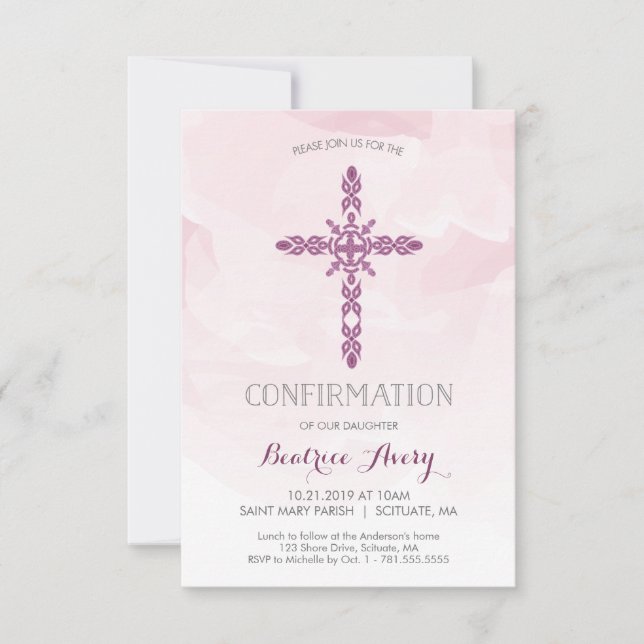 Invitation de confirmation de la fille, croix et a (Devant)