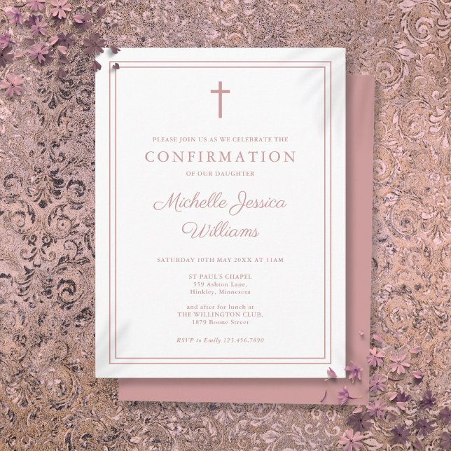 Invitation de confirmation de la frontière rose Ro (Dusty Rose Pink Border Confirmation Invitation Postcard)