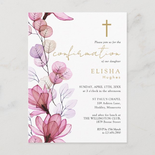 Invitation de confirmation de l'or Floral Rose Dus (Devant)