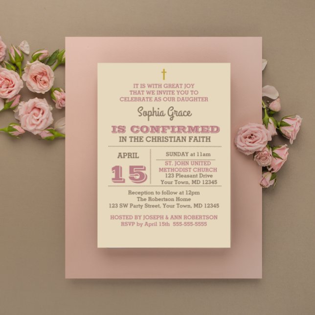 Invitation de confirmation d'or du Rose rustique (Créateur téléchargé)