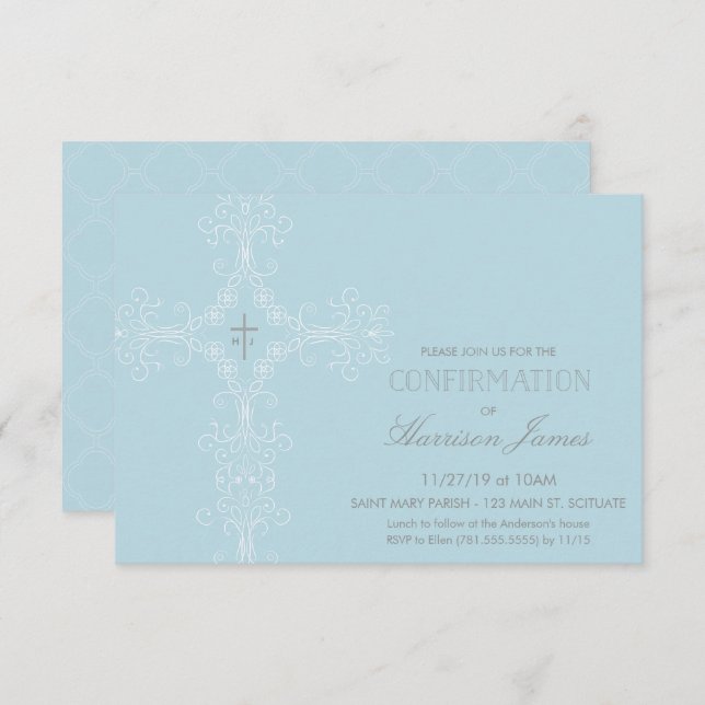 Invitation de confirmation du garçon avec croix, i (Devant / Derrière)