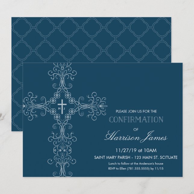Invitation de confirmation du garçon avec croix, M (Devant / Derrière)