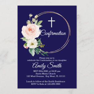 Invitation de confirmation florale bleu marine