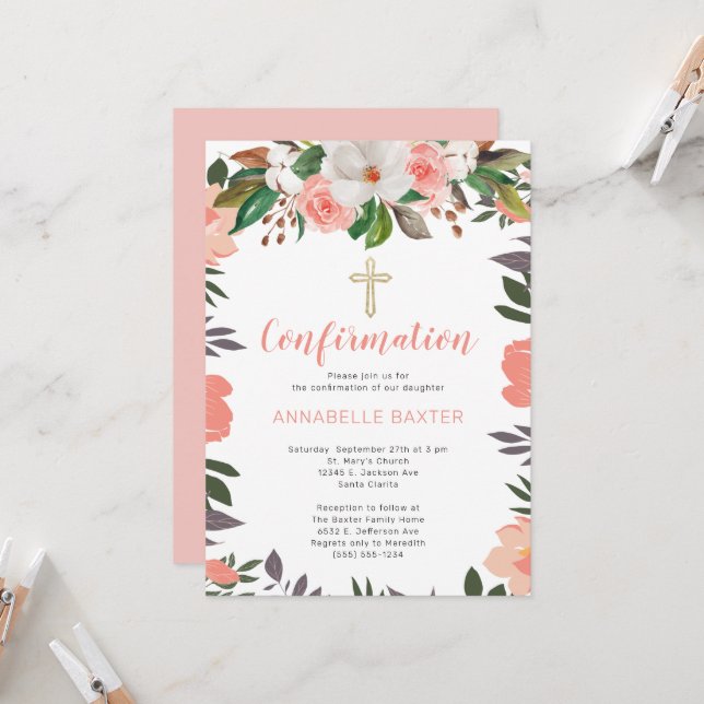 Invitation de confirmation florale de Corail Blush (Devant/Arrière en situation)