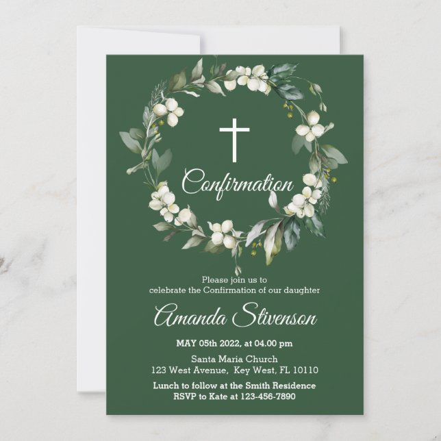 Invitation de confirmation Florale de verdure fonc (Devant)
