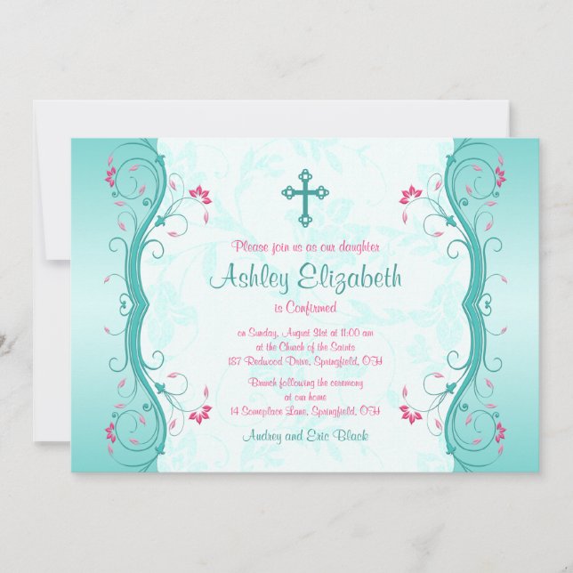 Invitation de confirmation Florale rose Turquoise (Devant)