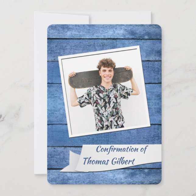 Invitation de confirmation photo bleu rustique (Devant)