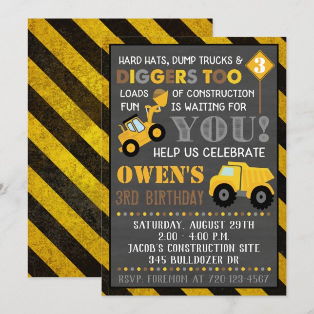 Invitation de construction Boy Fête d'anniversaire (Devant / Derrière)