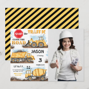 Invitation de construction jaune et noir avec phot