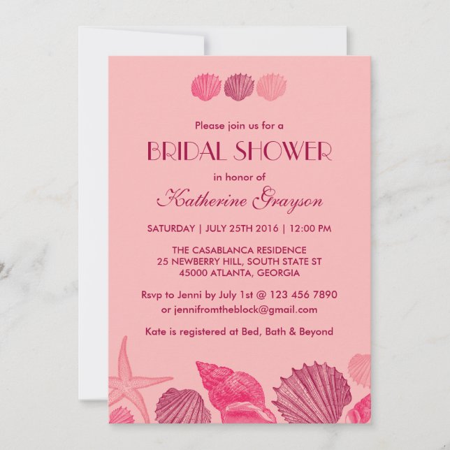 Invitation de coquillages roses pour Mariage d'été (Devant)