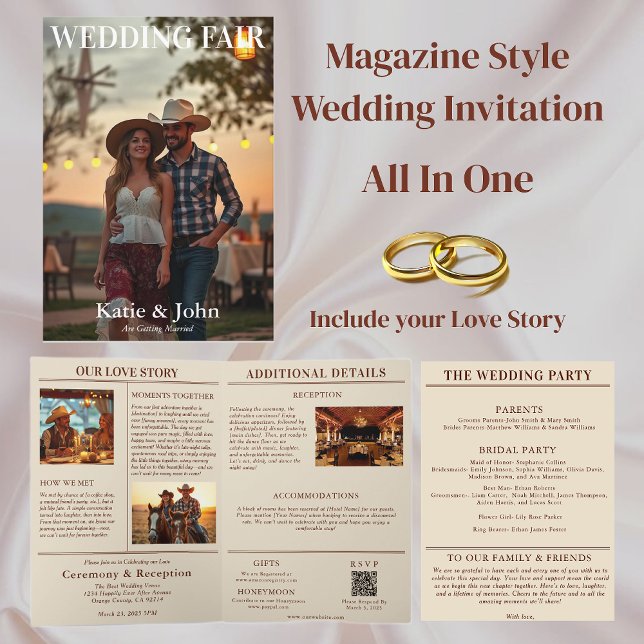 Invitation de couverture du magazine mariage campa (Country Wedding Magazine Cover Invitation All in One)