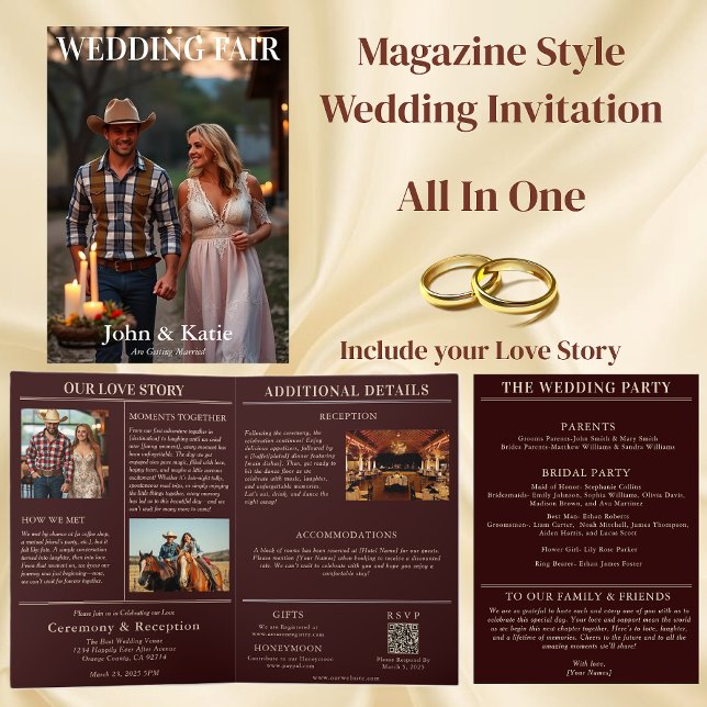 Invitation de couverture du magazine mariage campa (Country Wedding Magazine Cover Invitation all in one)